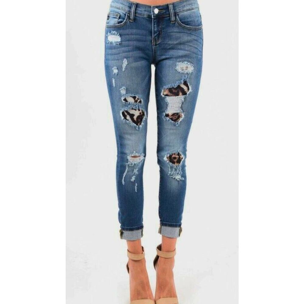 Judy Blue Destroyed Leopard Patch Mid-Rise Skinny Jeans 5/27